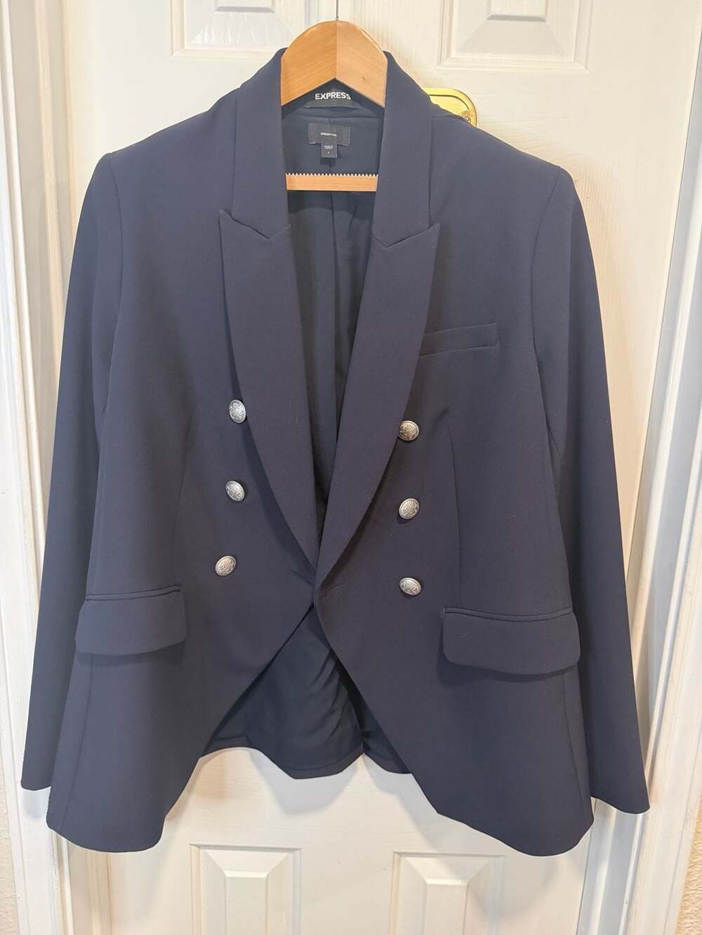 Express Supersoft Twill Blazer Women L Navy Double Breasted Silver Buttons